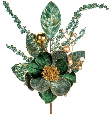 Hollyone 2 Stück Weihnachten Blumen Dekor 46CM, Glitzer Weihnachten deko, Glitter Weihnachtsbaumschmuck Blume, Weihnachtsbaum Blumen Grün für Hochzeit Weihnachtsbaum Neujahr Ornamente Girlande