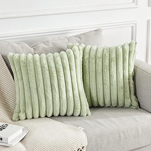 Joyouth Confezione da 2 Federe Cuscini Copricuscini di pelliccia sintetica a doppia faccia, fodere di cuscino a strisce morbide e soffice per divano, camera da letto Verde 40x40 cm