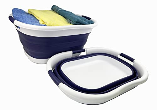 SAMMART 40L Set of 2 Collapsible 3 handled Plastic Laundry Basket-Oval Tub/Basket-Foldable Storage Container/Organizer-Portable Washing Tub-Space Saving Laundry Hamper (40L Oval-White/Navy Blue)