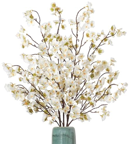 Ammyoo Lot de 4 Fleurs de Cerisier artificielles en Soie au Toucher réaliste pour Noël, Halloween, Maison, Mariage (Blanc)