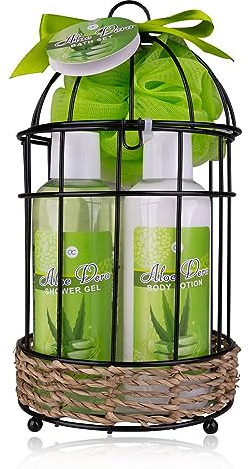 Accentra – Duschset Frauen Geschenkset ALOE VERA in wunderschönem Drahtkorb – 5-teiliges Pflegeset mit Duschgel, Bodylotion, Badesalz & Schaumbad – Wellness Geschenk Set zum Geburtstag, Valentinstag