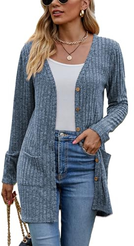 Famulily Damen Langarm Cardigan Herbst Winter Button Down Cardigans Sweater (L, Blau)
