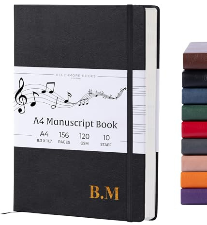 Beechmore Books Monogram Manuscript Paper Notebook - A4, Black | Premium 10-Staff Music Book Hardcover Vegan Leather, 120gsm | Professional Staves Pad | Gift Box For Musicians, Students & Songwriters