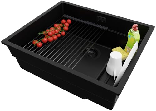 PRIMAGRAN Fregadero bajo Encimera al Mueble 60cm + Kit de desagüe, 56x47cm | Set: Kit de desagüe (sifón, válvula, rebosadero) + Enrollable Escurridor + Prague Step 1 Seno para Cocina, Todo Negro