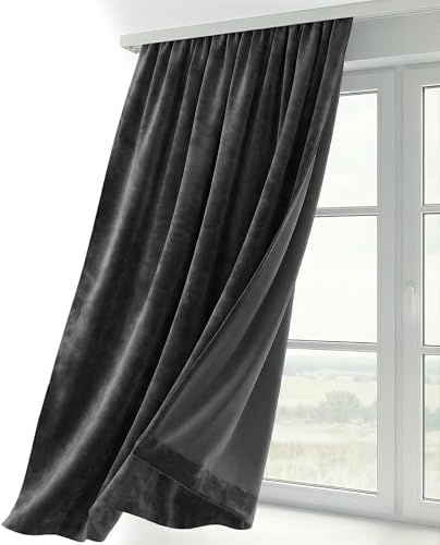 BEAUTEX Samt Vorhang Kräuselband U-Band Gardine Velvet abdunkelnd und Blickdicht, 140x225 cm (Breite 140 cm, Höhe 225 cm, Dunkelgrau) | Weicher Velvet-Samt, blickdicht, lichtmindernd, pflegeleicht, viele Farben und Größen