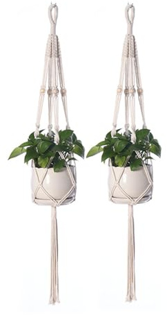 Bkrdty 2 Piezas Colgador de Plantas 117CM Cuerda de Algodón Bohemia, Beige Soporte para Macetas para Colgar Canasta para Interior y Exterior Jardín Decoraciones de Pared