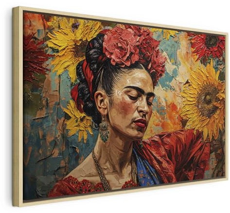 murando - Quadro Moderno con Cornice Naturale, Frida, 60x40 cm | Chiodi Inclusi, 1 Pezzo, Quadri Moderni, Camera da Letto, Telaio in Legno, Girasoli Fiori Natura, Resistenti Allo Sbiadimento