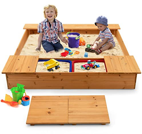 Maxmass Wooden Kids Sandpit, 125 x 122 cm Outdoor Children Sandbox with 2 Removable Boxes and Beach Set, Wooden Play Sand Pit for Backyard, Beach Garden