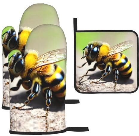 Cute Little Bee Ofenhandschuh-Set, hitzebeständig, Grillhandschuh und Topflappen, geeignet für Küche, Kochen, Backen und Mikrowelle (3er-Set)