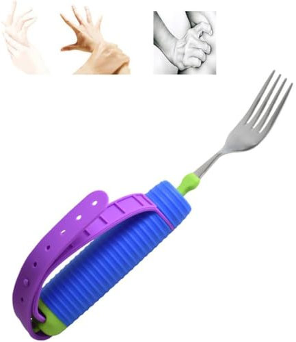 JHNGYJY Tenedor Auxiliar para Ancianos y Discapacitados - Cabezal Giratorio 360°, Mango Antideslizante, Correa de Silicona Ajustable - Cubiertos Auxiliares para Pacientes con Agarre Débil