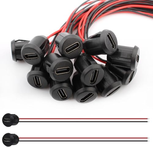 VISSQH 12 Pezzi USB C Femmina connettore,2 pin 3A presa USB C a Saldare,2 fili USB C montaggio a pannello connettore con Fibbia a Scatto 24AWG Micro USB C Femmina Jack cavo(Nero)