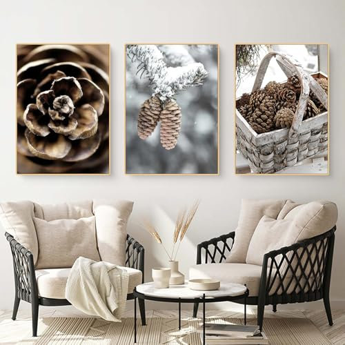 champracer 3er Poster Set, Ohne Rahmen Poster Bilder, Kiefernzapfen Schnee Szene Wohnzimmer Tannenzapfen Deko, Moderne Schlafzimmer Wandbilder Bilder (30 x 40 cm,Kiefernzapfen)