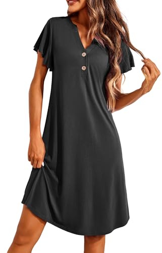 Ekouaer Nattlinne damer kortärmad sovskjorta kort v-ringad sovskjorta knappslå nattkläder mjuk sovskjorta, S-XXL, svart, XL