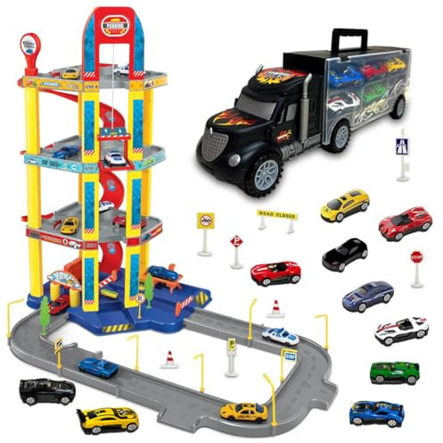 Xwin Sportseries Kids Car Adventure Parking Lot and Truck Container Playset, City Rescue Track with 10 Cars, Lifting Platform, Spiral Ramp, Portable Carrier, Ages 3 and Up