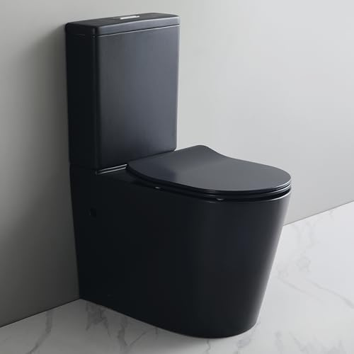 Matt Black Rimless Close Coupled Toilet Back to Wall Comfort Height Toilets Bathroom WC White Ceramic Pan & Slim Soft Close Seat Dual Flush Cistern Round Flush to Wall Toilet