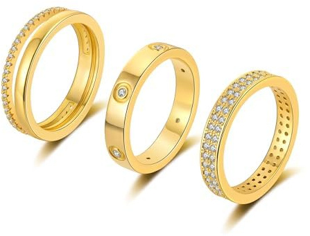 ZHESHY 3 Stück Gold Silber Ring Für Frauen 18 Karat Vergoldete Goldene Ringe Set Fingerring Daumenring Knuckle Stapelbare Silberringe Verlobungsring Eheringe Mit Zirkonia Damen Mädchen Größe 52-64