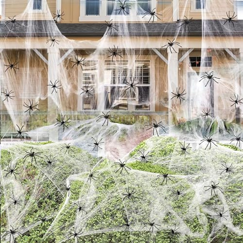 Halloween Spider Web Dekorationen, Abdeckung 1500 S Quadratfüße 300g Halloween Spider Web Dehnbares Cobweb mit 100 Stück Kleine Spinnen, für Halloween Indoor Outdoor Dekorationen