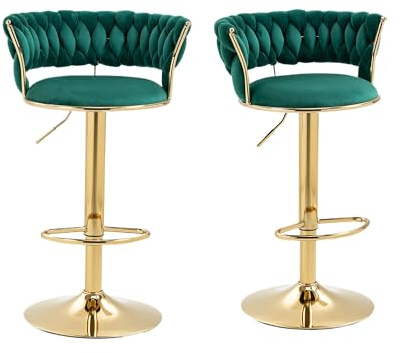 LIFEISLE Barhocker 2er-Set, 360° drehbar Barstühle mit golden höhenverstellbaren Metallrahmen, Küchenhocker mit Fußstütze Bistrohocker Grün
