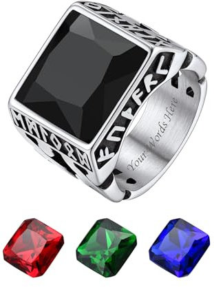 Bestyle Anillo Sello Hombre Anillo Personalizado Nordicos Runas Vikingas Nudo Celta Acero Inoxidable Plateado con Piedra Sintético Onix Negro Zafiro Esmeralda Rubí Talla 14.5-32.5