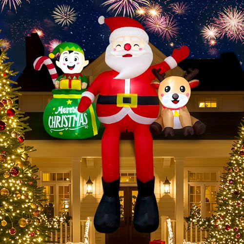 Fayavoo 2.4M Aufblasbare Weihnachtsdeko Außen, Sitzender Weihnachtsmann mit Rentier & Elf Figur, Weihnachtsdeko Outdoor für Garten, Dach, Terrasse & Hof, LED Beleuchtung Weihnachts Dekoration