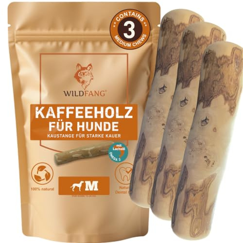 Wildfang® Kaffeeholz für Hunde mit Lachsöl – Kauspielzeug aus Kaffeeholz für Aggressive Kauer und Welpen im Zahnwechsel. Zahnpflege-Spielzeug für Hunde, Größe M (15–25 kg), 3er-Pack
