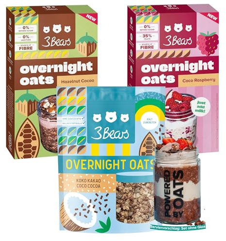 3Bears Overnight Oats Sommer-Set 3x400g - Proteinquelle mit Vollkorn-Hafer in den Sorten: Himbeere Kokos, Haselnuss Kakao & Koko Kakao - veganes Frühstück ohne Industriezucker - schnelles Meal Prep