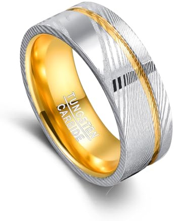 VAKKI Ring Herren 8mm Gold Wolframring Silber Damaststahl Eheringe mit Rille für Männer Größe 52(16.6)-67.2(21.4)