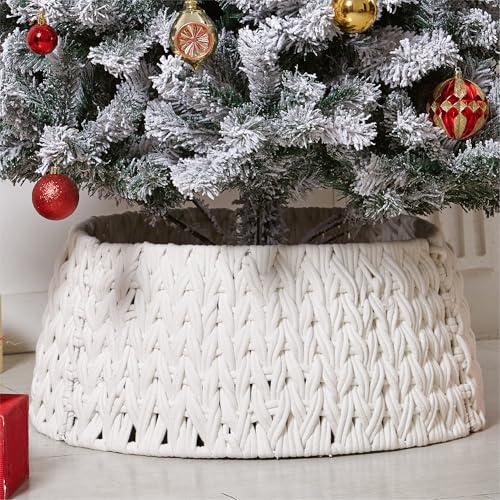 Knitted Christmas Tree Skirt Collar Crochet 3-Piece Beige Chunky Cable Knit Xmas Tree Skirt Woven Hyacinth Accessory for Artificial Trees Christmas Home Décor Diameter 60cm H 26cm