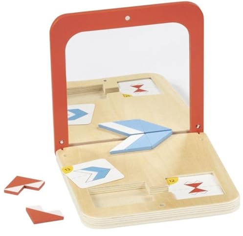 goki 56296 Symmetriespiel Spiegelmagie – Holzspiel mit Spiegelbox, 26 Teilen & 21 doppelseitigen Karten, 15,9 x 15,9 x 2 cm, ab 4 Jahren