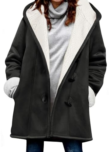 Yuson Girl Winterjacke Damen Lang Wintermantel Wildleder Fleecejacke Lose Winterparka Winter Warm Cardigan Outwear Einfarbig Kapuzenjacke mit Kapuze und Seitentaschen(Schwarz, L)