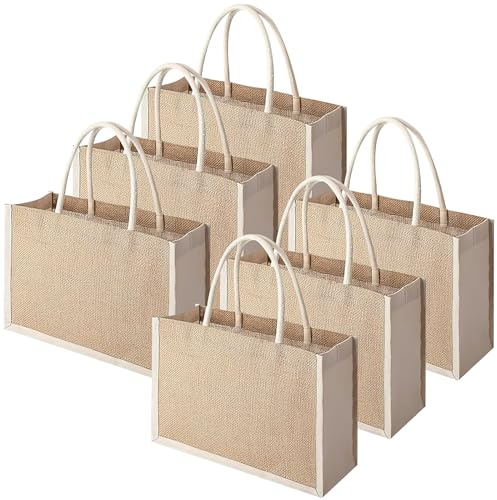 6 Stück Jute Einkaufstaschen Set, 32 x 22 x 13 cm Jutetasche Shopper Wiederverwendbare mit Henkeln, Große Tragbar Sackleinen Tragetaschen, Blanko Jute Tote Bag Geschenk für Picknick Reise DIY Strand