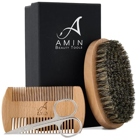 Beard & Mustache Grooming Kit for Men featuring a Beard Brush, 90% Boar bristles10% Synthetic bristles, Beard Comb, Mustache Scissors.