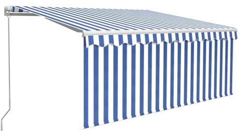 HOMELEN Markise Manuell Einziehbar mit Rollo 3x2,5m Blau & Weiß, Markises Balkon Ohne Bohren, mit Handkurbel Alu-Markise UV-Beständig Höhenverstellbar & Wasserabweisend | Sonnenschutz Für Laden