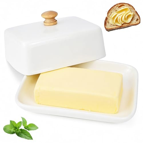 Beurrier Céramique, Beurrier avec Couvercle, Boîte à Beurre pour 250 g, Beurrier Porcelaine pour Réfrigérateur et Table, Passe au Lave-Vaisselle