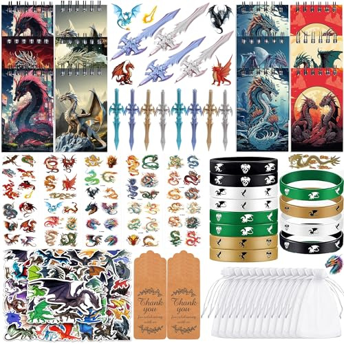 Drachen Party Geschenkset mit Mini-Notizbüchern, Schwertstiften, temporären Tattoos, Silikon-Armbändern, Aufklebern, Organza-Tüten und Kartenetiketten für Drachen-Geburtstagsparty Dekorationen