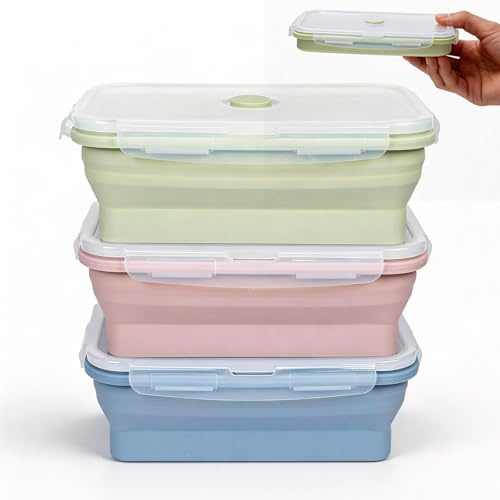 DBAILY Matförvaringsburkar med lock, 3 stycken 1 200 ml målningslådor, mikrovågsugnsutrustning av silikon, vikbar skål, BPA-fri, för livsmedelsförvaring, meal prep & bentolåda (grön, rosa, blå)