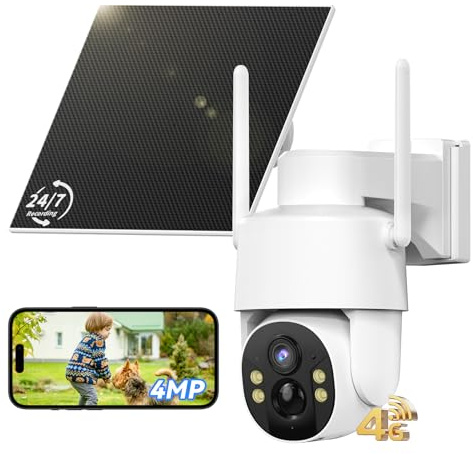 Tical 24/7 Registrazione AOV 4G Telecamera Esterno con SIM, 2.5K/4MP HD | Telecamera Solare con Batteria 9000mAh Pannello Solare, AI Rilevamento Umano, 360° PTZ Visione Notturna a Colori, IP65,Bianco