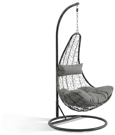 KHG Silla colgante de color antracita, cómoda cesta trenzada con cojín gris claro para jardín y terraza, resistente a los rayos UV, soporta 120 kg, 83 x 83 x 201 cm