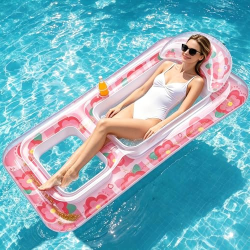 Kkluno Aufblasbare Sonnenliege für Erwachsene - Luftmatratze Tanning Pool mit Kopfkissen Getränkehaltern, Floating Liegestuhl Matratze für Entspannung und Sonnenbaden