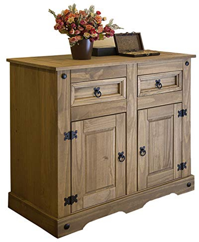 SAM Kommode Santa Fe, Kiefernholz, Mexico-Möbel, Sideboard mit 2 Türen & 2 Schubladen, Gewachst, Schwarze Metallgriffe