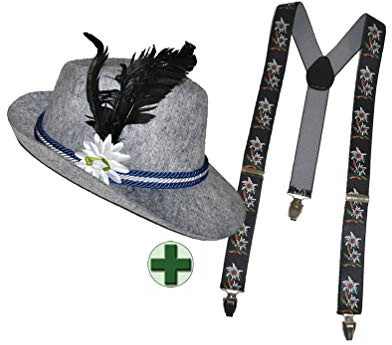 Karneval-Klamotten Oktoberfest Hut Bayern Tirolerhut Seppelhut Herren Edelweiß aus Filz INKL Hosenträger schwarz Edelweiß Oktoberfest Karneval