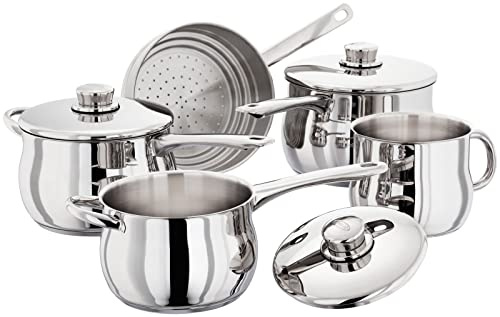 Stellar Classic Set of 5 Stainless Steel Pans 20cm, 18cm, 16cm Deep Saucepans, Lids, 14cm Milk Pot, Steamer, Induction Ready