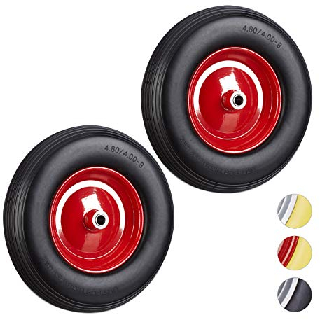 Relaxdays 2X Ruota per Carriola 4.80 4.00-8 in Gomma Piena Cerchione di Acciaio, Antipanne, Carico Max 100 kg, Nero Rosso