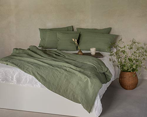 Ger3as Juego de Ropa de Cama de Puro Lino 100% Lino Lavado A La Piedra Natural (Verde, 155 x 220 cm, 40 x 80 cm)
