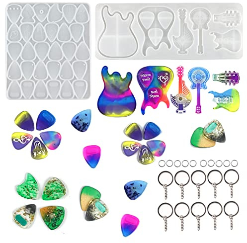 Voyyphixa 2pcs DIY Gitarrenform Silikonform Set Aufbewahrungsboxen Form Plektrum Silikonformen Gitarrenform Kunstharz Halskette Epoxidharz Anhänger Silikonform