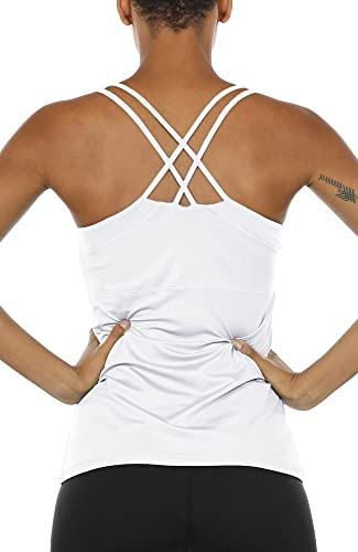 icyzone Damen 2 in 1 Sport Yoga Tops mit BH - Gym Shirts Fitness Trainings Tank Top (S, Weiß)