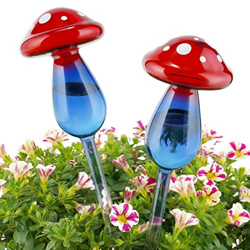 NiHome Mushroom Self-Watering Bulb 2-Pack 10 Long Gradient Red Blue Hand-Blown Glass Globe Pot Plant Waterer for Home Indoor Outdoor Garden Patio Hanging Flower Automatic Irrigation System