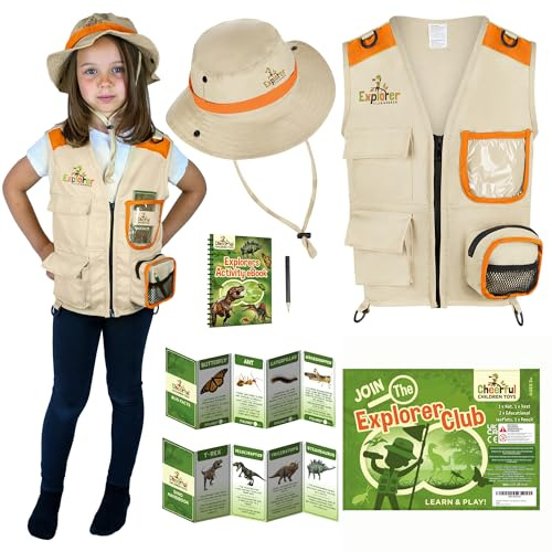 Cheerful Children Toys Explorer Costume Kids, Zookeeper Set Ages 3-7 | Kids Explorer Dress Up, Safari Vest and Hat with Dinosaur & Bug Educational Handbooks, Paleontologist Role Play Toys