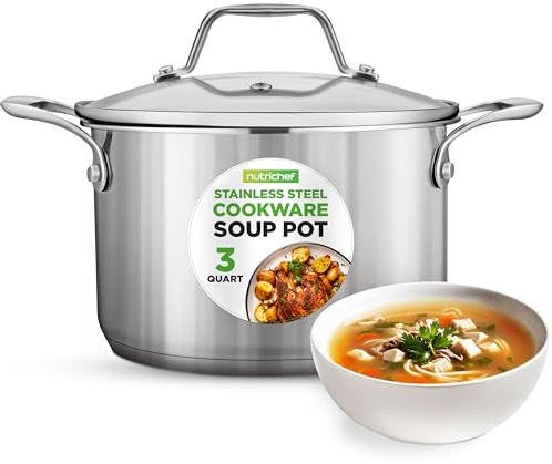 NutriChef 3-Quart Stainless Steel Soup Pot - 18/8 Food Grade Heavy Duty Cookware, Stock Pot, Stew Pot, Simmering Pot Kitchenware w/See Through Lid, Dishwasher Safe, for Induction Gas Ceramic Cooktops