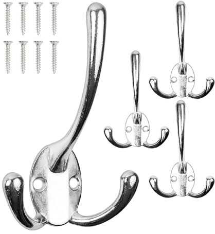 Haken zum Schrauben, 4 Stück, in Silber, Außen 113 x 67 x 27 mm, Dreierhaken inkl. Holzschrauben, Garderobenhaken für Tür, Bad, Küche, Flur, DIY Metallhaken, Jackenhaken, Schwanenhals Schraubhaken